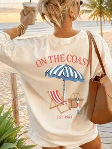 ZZG 夏季女款杏色大廓型 On The Coast 海灘圖案正反面印花圓領短袖復古度假休閒T恤 - 杏色 - View 2