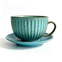 Aesthetic Retro Speckled Vertical Fluted Ceramic Cup & Saucer Set 250ml Standard Latte Tea Mug Vintage Turquoise Porcelain Table Decor For Breakfast Afternoon Tea Coffee Gift - Multicolor - View 15