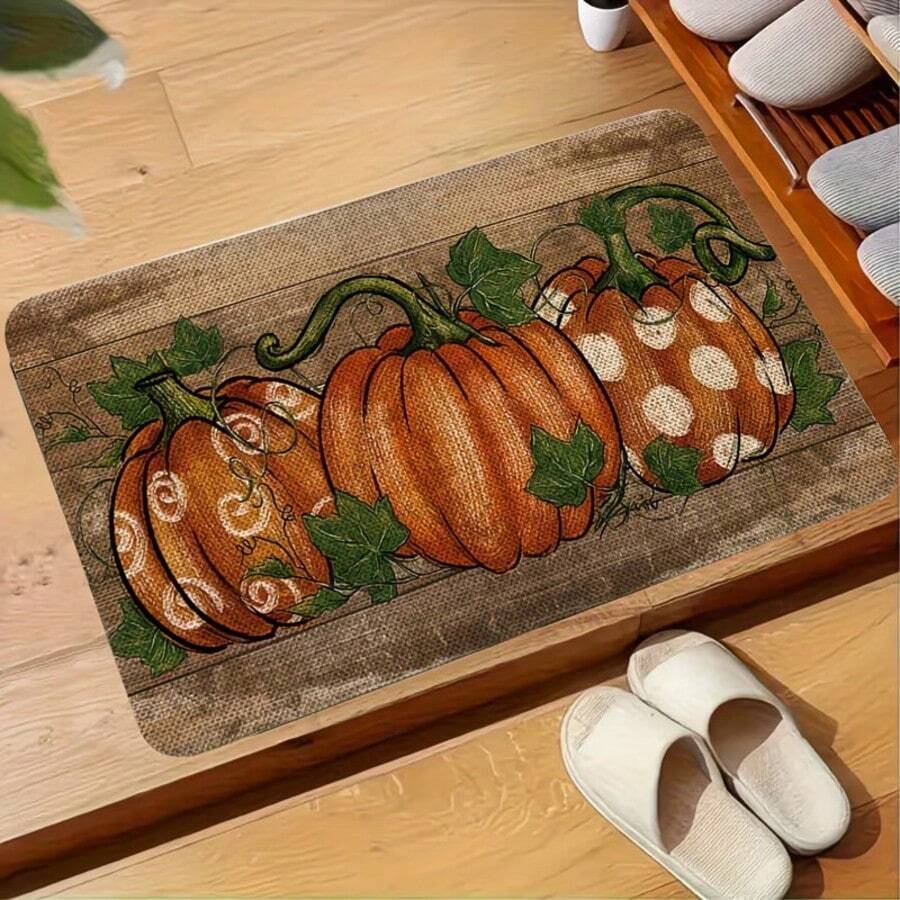 1pc Vintage Pumpkin Faux Linen Rectangular Rug, Country Pastoral Style, Welcome Mat, Outdoor Door Mat, Kitchen Rug, Home Decor, Front Door Mat, Garden Rug - Multicolor - View 1