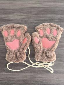 1pc Cute Cartoon Cat Design Fingerless Gloves With Plush Bear Paw Detail For Girls, Winter - Multicolor - View 11