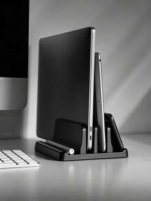 Soporte para portátil negro, soporte de computadora ajustable multifuncional, compatible con funda protectora MacBook, estante de almacenamiento vertical, funda protectora, soporte de almacenamiento, base. Esencial para dormitorio universitario. Teclado Bluetooth, funda de computadora, alfombrilla de escritorio, bolsa para portátil, periféricos de computadora, área de escritorio de oficina, almacenamiento de teclado con auriculares con cable, soporte con bolsa pequeña, soporte de almacenamiento para smartphone - Ver 2