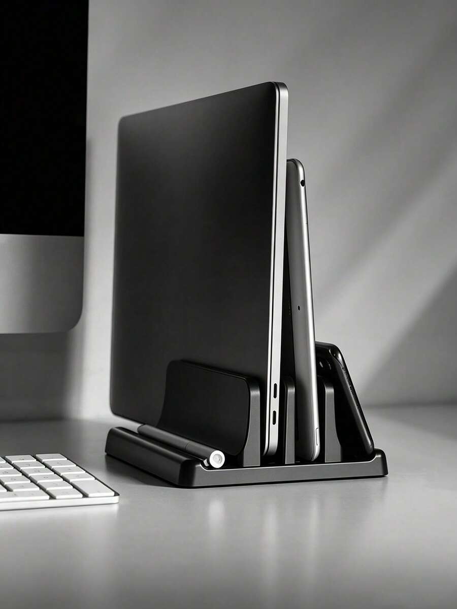 Soporte para portátil negro, soporte de computadora ajustable multifuncional, compatible con funda protectora MacBook, estante de almacenamiento vertical, funda protectora, soporte de almacenamiento, base. Esencial para dormitorio universitario. Teclado Bluetooth, funda de computadora, alfombrilla de escritorio, bolsa para portátil, periféricos de computadora, área de escritorio de oficina, almacenamiento de teclado con auriculares con cable, soporte con bolsa pequeña, soporte de almacenamiento para smartphone