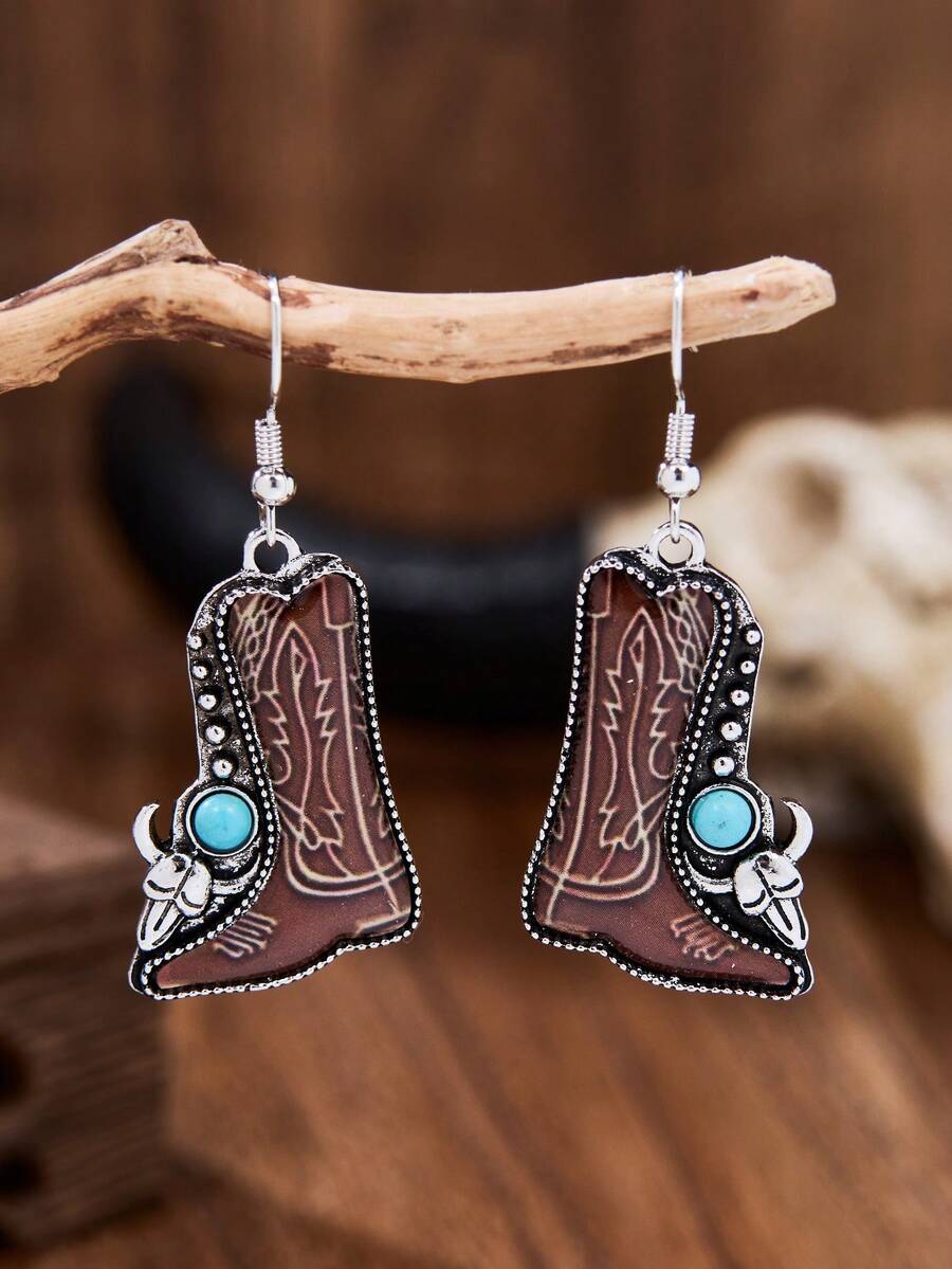 MONLOTTI 1 par de pendientes de estilo vaquero vintage con botas de vaquero turquesa, pendientes bohemios para mujeres, 2 colores disponibles, adecuados para cualquier atuendo de vaquera, regalo exquisito para mujeres - Multicolor - Ver 1