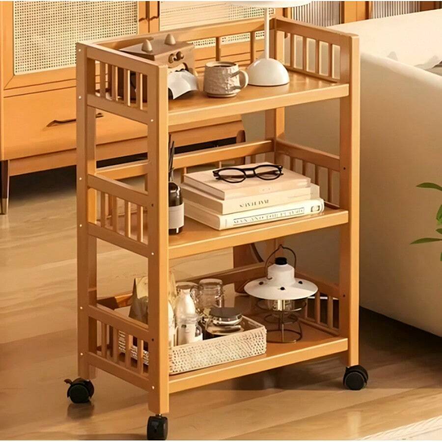 Carrello Portaoggetti in Bambù a 3 Livelli con Ruote, Stretto e Multifunzionale per Cucina, Bar e Soggiorno, dal Design Elegante e Resistente - Cachi - Visualizzare 1