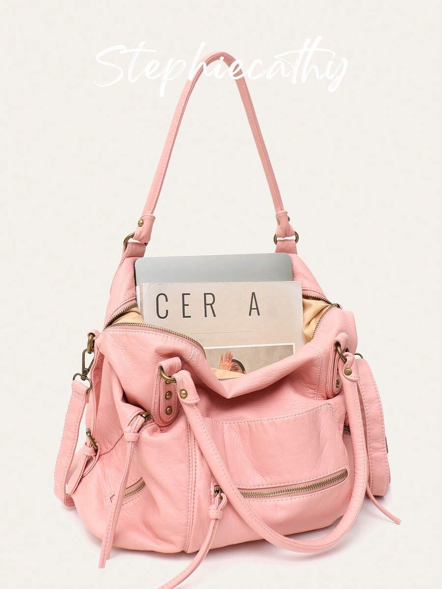 STEPHIECATHY Street Style Tote Women Brush-Off Color Washed PU Vegan Leather Crossbody Shoulder Handbag Large Functional Multi Pockets Casual Daily Travel College - Pink - View 1