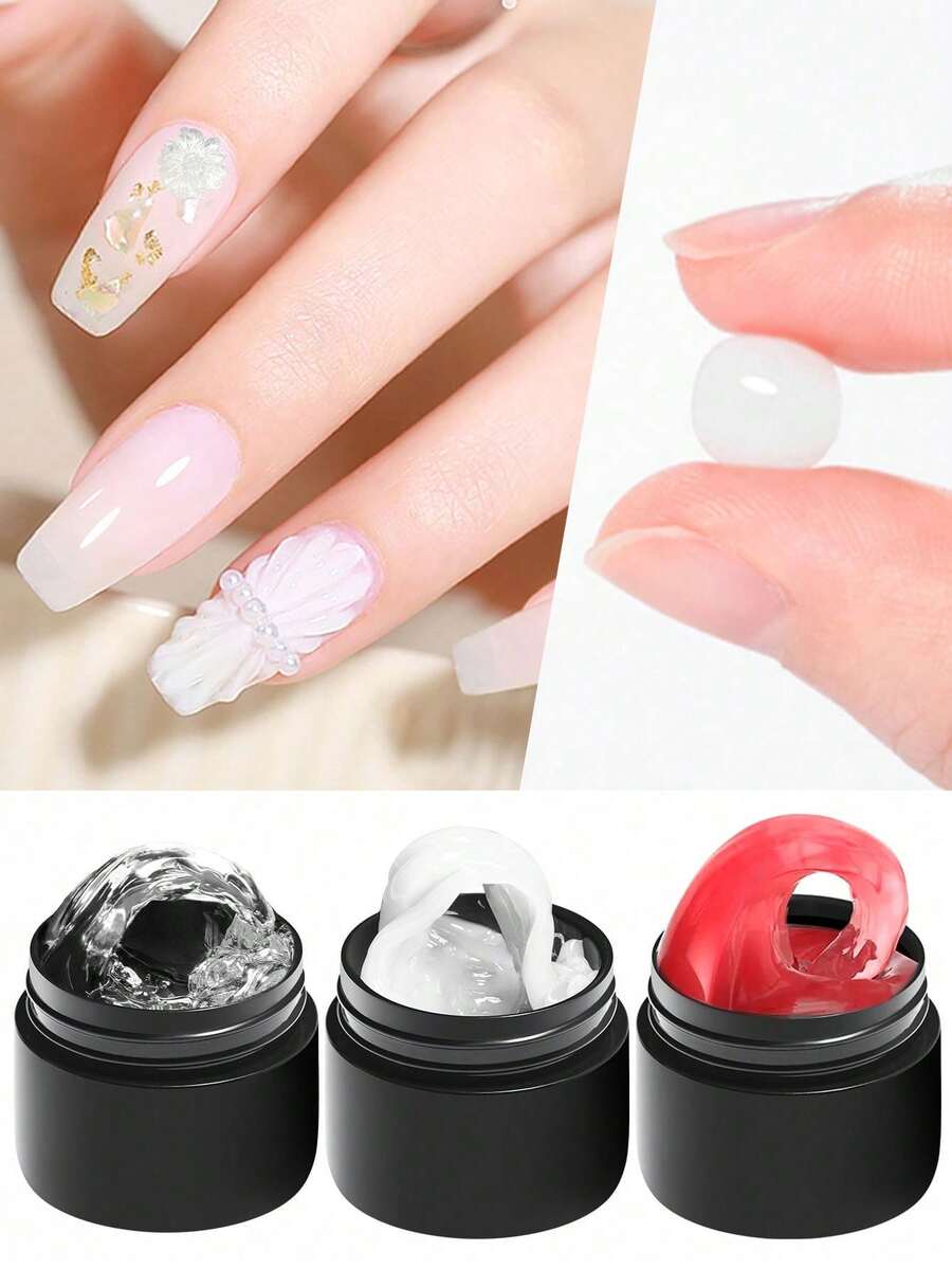 Mtssii 3件組 8ml 透明白色紅色不黏手延長凝膠指甲油套組，美甲實色玻璃果凍硬凝膠，適用3D造型、假指甲、雕花美甲、壓克力凝膠亮漆、水鑽膠，易操作，適合居家與美甲沙龍美甲使用