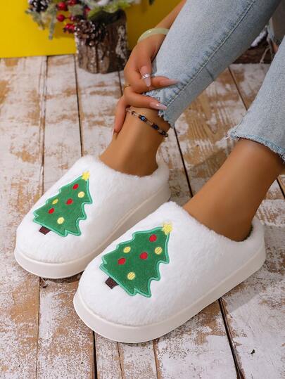 Christmas Tree Series Women's Winter Fuzzy Plush Warm Indoor Thick Sole Slip-On Fashion Slippers