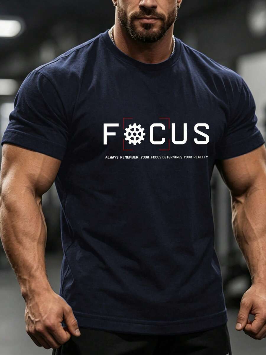 Men's Minimalist Letter Focus Print Crew Neck Short Sleeve Sports T-Shirt, All Season, Gym Summer - Navy Blue - View 1