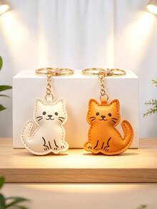 Brown/Beige 2 Colors Optional, Cute PU Leather Cat Keychain, Cartoon Novelty Cat Bag Charm, Women's Car Key Accessory, Fun Gift For Family And Friends - Multicolor - View 3
