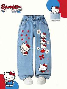 Cute Pattern Series _ Children's Wide Leg Jeans - Y2K Cute Hello Kitty With Flowers And Stars Pattern Street Jeans _ Children's Casual Pants _ - Light Wash - View 2