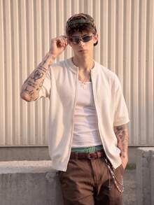 Men's Knit Cardigan Round Neck Short Sleeve Loose Casual Street Style Solid Color Textured Zipper Knit Top Spring Summer - Apricot - View 4