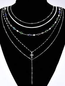 5pcs Multi-Layer Y-Shaped Chain Necklace Set, Fashion Minimalist Elegant Exquisite Vintage Design, Colorful Rhinestone Bling Bling Shiny Cross Pendant, Smooth Snake Bone Chain, Minimalist Plain Chain, Long Necklace, Holiday Vacation Party Date Gift, Daily Commute Wear - Silver - View 3