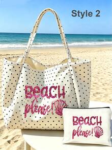 Vintage Polka Dot White Large Capacity Shoulder Bag Set - Black Letter "Beach" Print And Magenta Glitter Letter Style, Shopping And Travel Tote Bag With White Small Bag, Foldable Shoulder Handbag, Commuter Tote Bag, Tablet Bag, Storage Bag, Summer Essential Travel Bag, Suitable For Beach Trips, Pool Days, Shopping And Daily Use. Back To School, Teacher's Day Gift - Multicolor - View 17