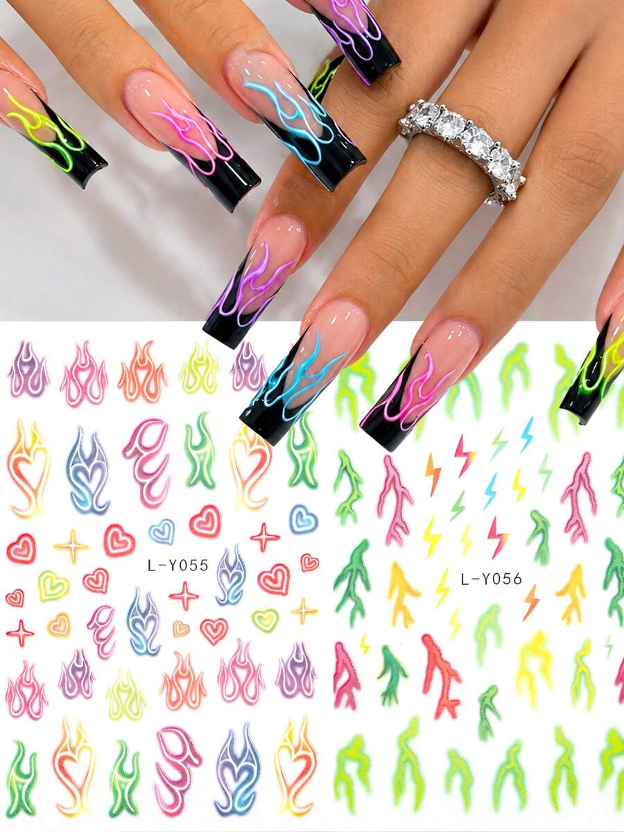Pegatinas de uñas con diseño de llama, calcomanías de arte de uñas con corazón de rayo colorido y flor, suministros de arte de uñas con degradado de punta negra - Multicolor - Ver 1