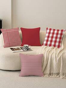 shangxia 4 buah Sarung Bantal Kotak-kotak Merah Minimalis Modern, Sarung Bantal Motif Garis-garis untuk Dekorasi Sofa Ruang Tamu - Cetak Satu Sisi - MultiWarna - View 4