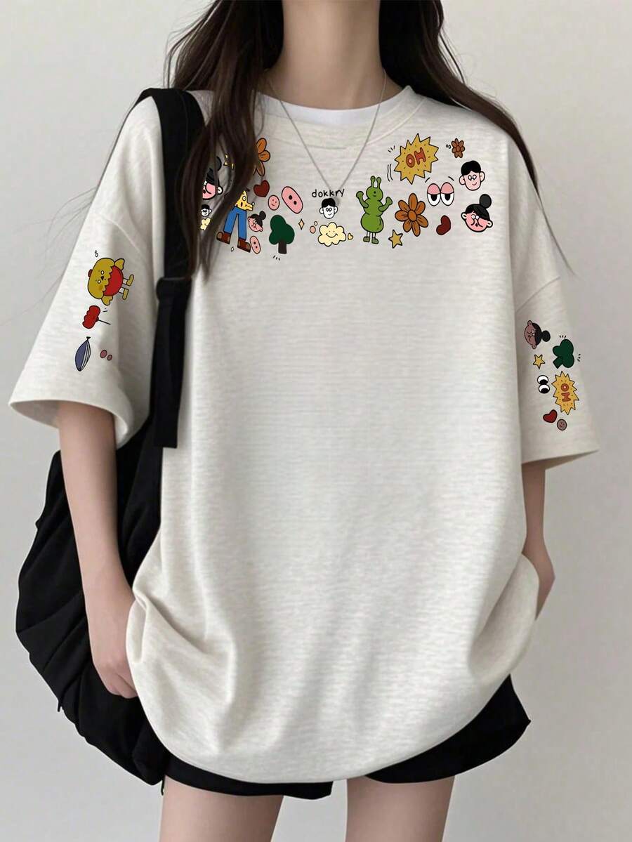 New Summer Gen Z Y2K Style Girls Fun Cartoon Sleeve Print Crew Neck Short Sleeve T-Shirt Casual Vacation - Light Gray - View 1