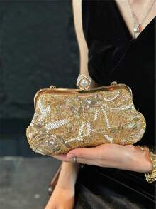 Women Evening Clutches,Floral Leaf Beaded Sequin Embroidery Pattern,Vintage Luxe Bridal Style For Wedding Gala Cocktail Party ,Random Cutting Position - Gold - View 2