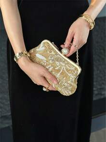 Women Evening Clutches,Floral Leaf Beaded Sequin Embroidery Pattern,Vintage Luxe Bridal Style For Wedding Gala Cocktail Party ,Random Cutting Position - Gold - View 6
