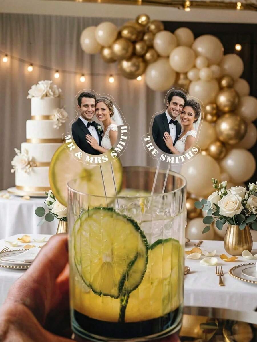Agitateurs de boisson personnalisés avec visage pour mariage, agitateurs de cocktail avec photo personnalisée, convient pour les fiançailles, les enterrements de vie de jeune fille, la décoration de fête - Multicolore - Voir 1