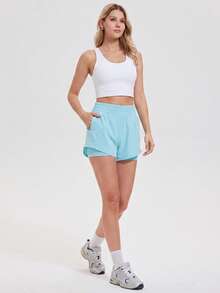 KyrLssu 女款彈性腰 2 合 1 跑步短褲,內建內襯快乾運動短褲,附拉鍊側口袋,適合健身與日常穿著 - 藍色 - 查看 3