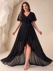 UNITHORSE Plus Size V-Neck Ruffle Trim Chiffon Bridesmaid Dress - Black - View 7