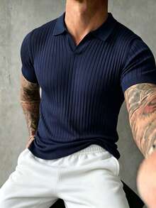 ZYNTH BALENO Men's Summer Striped Knit Polo Short Sleeve Shirt, Minimalist Versatile Top, Suitable For Outdoor Sports And Gym Workouts - Navy Blue - View 2