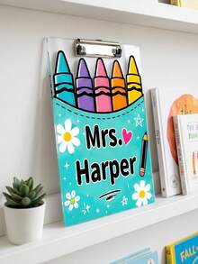 1pc Custom Teacher Name Crayon Bucket Clipboard, Personalized Cute Rainbow Crayon Writing Board, Pastel Pocket Art Clip Board,Teacher Appreciation Gift,Back To School,OfficeDesk Decor,Teacher Gift - Multicolor - View 6