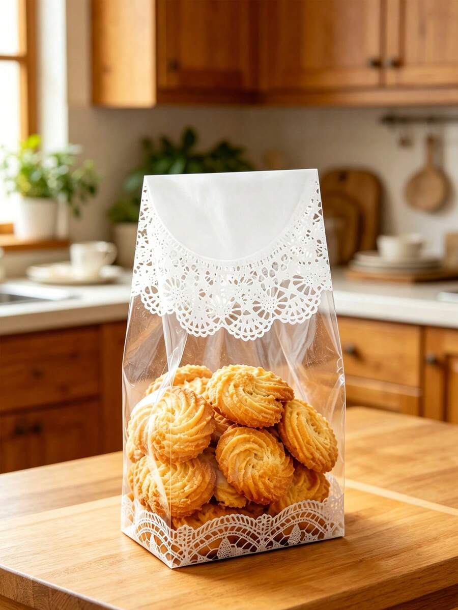 50/5pcs Reusable Lace Edge Baking Packaging Bags, Suitable For Wedding Gifts, Birthday Candy, Snacks, Pastries, Plastic Small Gift Bags, Suitable For Business, Restaurant, Home, Baking Tools, Kitchen Accessories, Teacher Gifts, Holidays, School - Multicolor - View 1