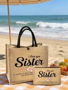 I Love You Sister Linen Tote Bag, Makeup Bag, Minimalist Jesus Letter Print Linen Handbag, Sister Gift, Linen Shopping Bag, Floral Print - Multicolor - View 3