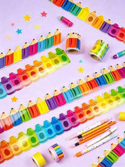 500pcs/Roll Rainbow Crayon Decorative Stickers, Bulletin Board And Pencil Decoration, Classroom Window And Wall Display Supplies, Back To School Season Small Gifts, Teacher's Day Decoration And Gifts, Home And School Theme Party Decorations