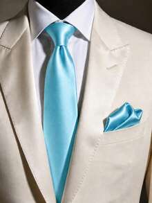 1 Set de Corbata Formal Clásica y Pañuelo de Bolsillo de unicolor para Hombre - Celeste - Ver 1