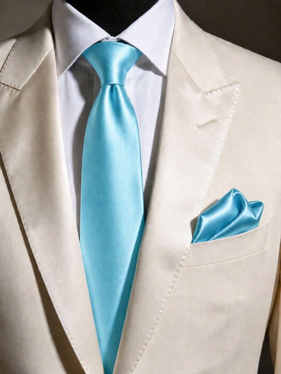 1 Set de Corbata Formal Clásica y Pañuelo de Bolsillo de unicolor para Hombre - Celeste - Ver 1