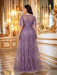 Summer/Fall Plus Size Elegant Dusty Pink Floral Lace Square Neck Flutter Sleeve Belted Beaded Maxi Dress For Wedding Guest, Party, Prom & Festival - Dusty Pink - View 5
