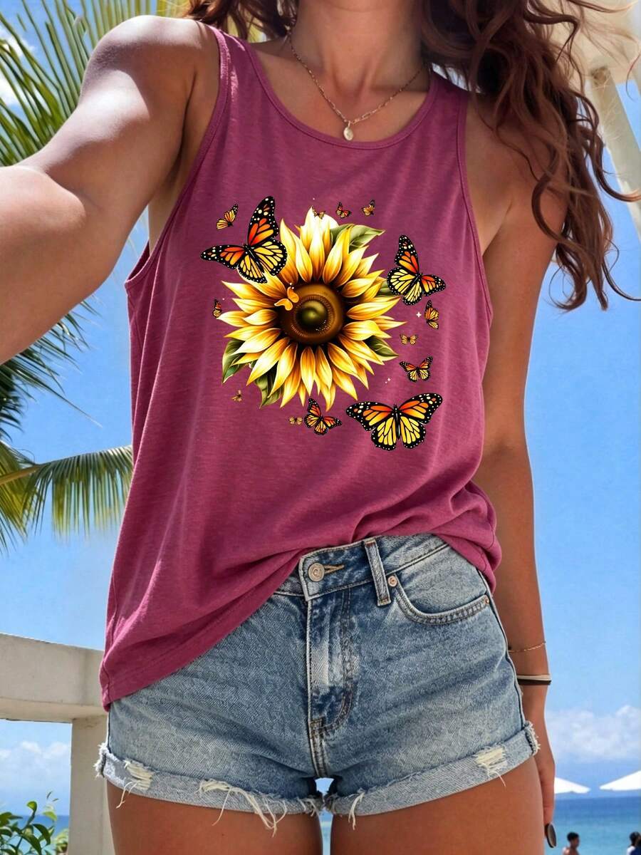 Bestseller Sunflower Monarch Butterfly Nature Tank Top, For Garden Lover Floral Enthusiast Summer Gift Daily Shopping - Red - View 1