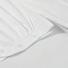 Women's Casual Colorblock Button-Up Short Shirt, Long Sleeve Curved Hem Top, White - White - View 8