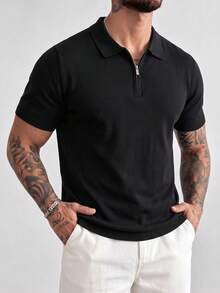 ZYNTH BALENO Men's Summer Zipper Polo Collar Knit Short Sleeve Sweater, Suitable For Outdoor Sports And Gym Workouts - Black - View 6