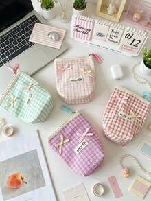Cute Plaid Pencil Case Roomy Cosmetic Bag For Youth Plaid Makeup Pouch Elegant Desk Organizer Waffle Plaid Storage Unit Bow Knot Toiletries Holder Travel Back To School Station Essentials Accessories,Makeup Organizer,Room Decor - Multicolor - View 4