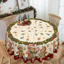 1/100pcs Christmas Theme Polyester Tablecloth (Round: 145cm Diameter) Holiday Tablecloth, Pattern With Gingerbread Man, Christmas Wreath, Suitable For Family Gatherings, Fits Dining Table, Kitchen And Living Room - Multicolor - View 3