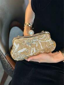 Women Evening Clutches,Floral Leaf Beaded Sequin Embroidery Pattern,Vintage Luxe Bridal Style For Wedding Gala Cocktail Party ,Random Cutting Position - Gold - View 3