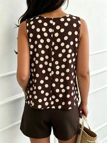 Plus Size Women's Vintage Brown Base White Polka Dot Print Cowl Neck Sleeveless Fitted Waist Top Casual Summer - Brown - View 3