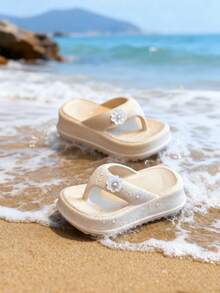 HAHABOBO Girls' Thick Sole Flip Flops, Exquisite Rhinestone Flower Decor, Minimalist Sweet Style Summer Beach Vacation Casual Children's Fashion Slippers - Apricot - View 3