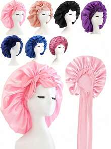 1pc Satin Bow Sleep Cap, Adjustable Long Ribbon Anti-Frizz Hair Scarf, Oversized Ruffle Silky Hair Bonnet, Multi-Color Options, Suitable For Sleep, Skincare, Curly Hair Care, Women's Daily Hair Care, All Seasons - Multicolor - View 1