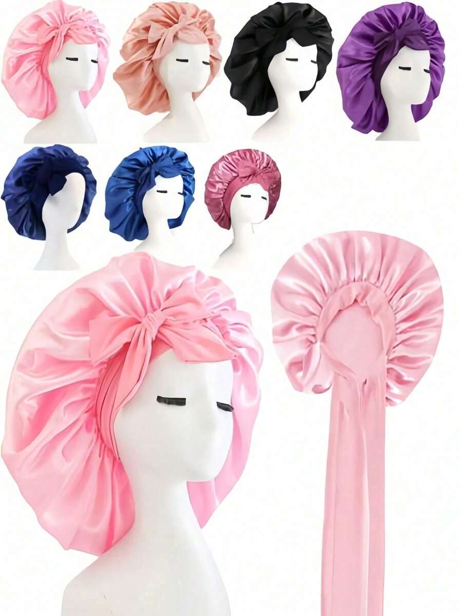 1pc Satin Bow Sleep Cap, Adjustable Long Ribbon Anti-Frizz Hair Scarf, Oversized Ruffle Silky Hair Bonnet, Multi-Color Options, Suitable For Sleep, Skincare, Curly Hair Care, Women's Daily Hair Care, All Seasons - Multicolor - View 1