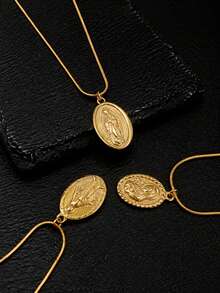 1pc Minimalist Personalized Stainless Steel 18K Gold Plated Oval Portrait Virgin Mary & Jesus Pendant - Yellow Gold - View 2