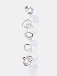 Kryxie 5pcs Vintage French Baroque Faux Pearl Rings, Asymmetrical Hollow Pearl Stackable Ring Set For Women - Silver - View 3
