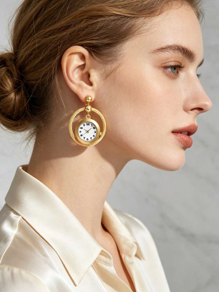 Unique Watch Pendant Earrings, Gold Round Dangle Earrings, Novel Clock Jewelry Earrings, Vintage Style Statement Earrings, Creative Design Earrings - Multicolor - View 1