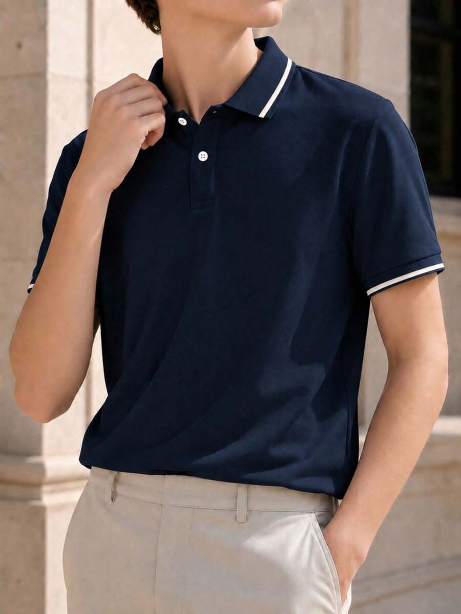 Classic Navy Blue Striped Contrast Collar Short Sleeve Polo Shirt For Teenage Boys, Suitable For School, Gatherings, And Everyday Wear - Navy Blue - View 1