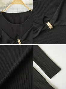 Gaun Bodycon Rajut Bertekstur Seksi Baru Musim Semi/Panas 2026, Gaun Midi Lengan Panjang Pas Badan dengan Detail Twist Cutout dan Gesper Logam - Hitam - View 8