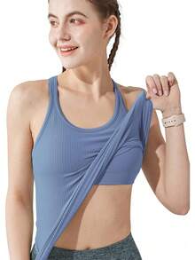 sphinx cat Top Deportivo Corto Acanalado para Mujer con Sujetador Incorporado, Top de Yoga con Espalda Cruzada, Corte Ajustado - Caqui - Ver 1