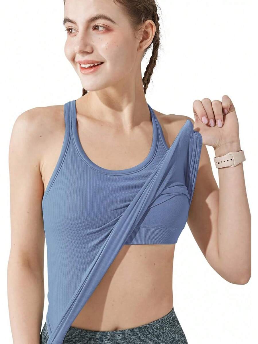 sphinx cat Top Deportivo Corto Acanalado para Mujer con Sujetador Incorporado, Top de Yoga con Espalda Cruzada, Corte Ajustado - Caqui - Ver 1